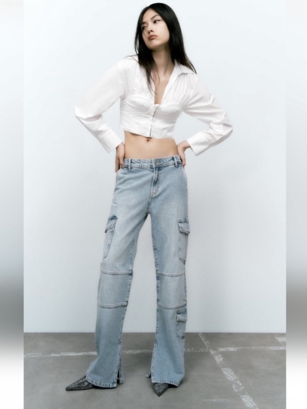 Zara Split Cargo Jeans Size 4 Light Blue Wash